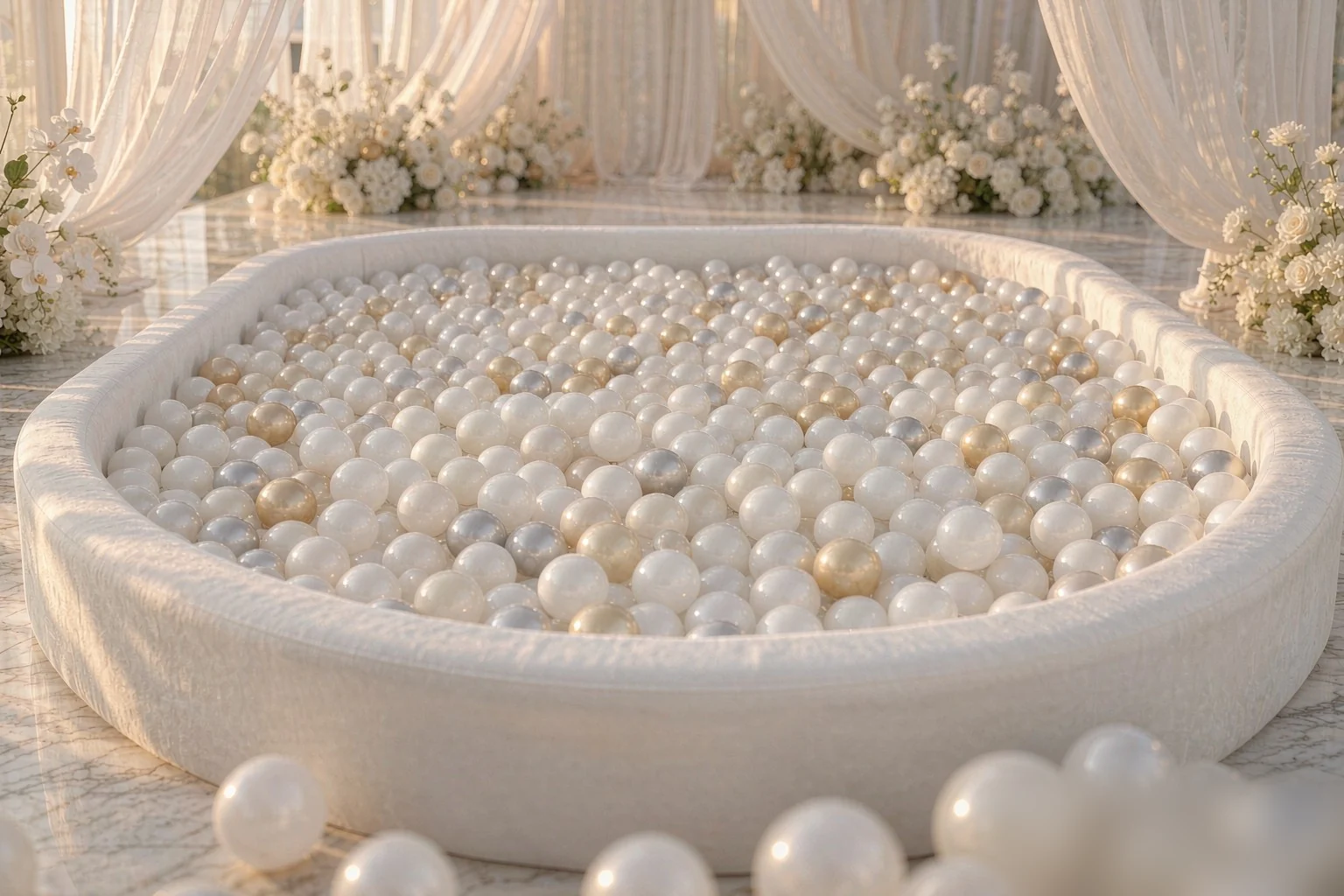 Pearl white and champagne ball pit at a wedding venue